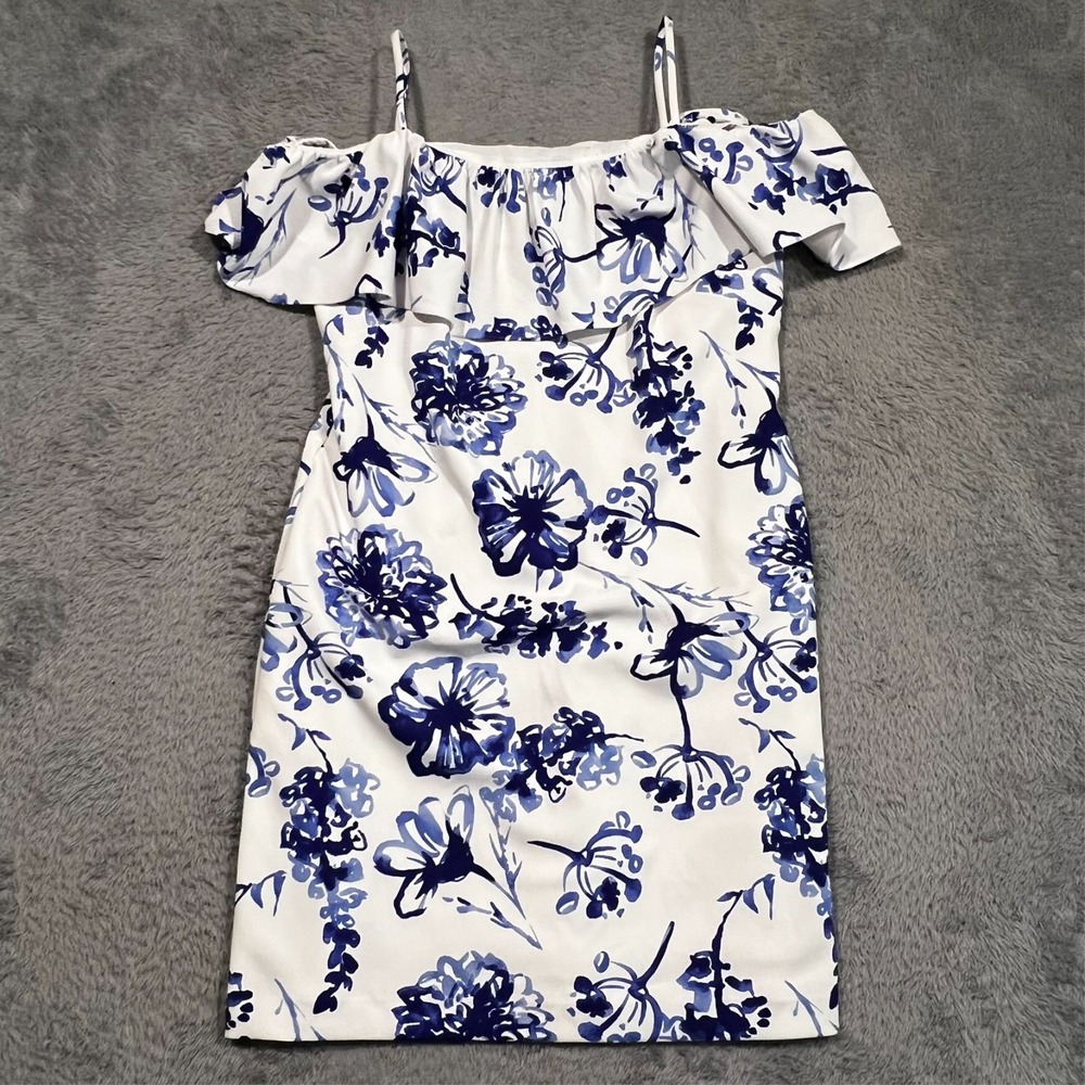 Lauren Ralph Lauren Sheath Dress Off Shoulder White Blue Floral Party Women's 12